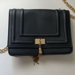 Melie Bianco Black Quilted Crossbody Bag with Gold Chain